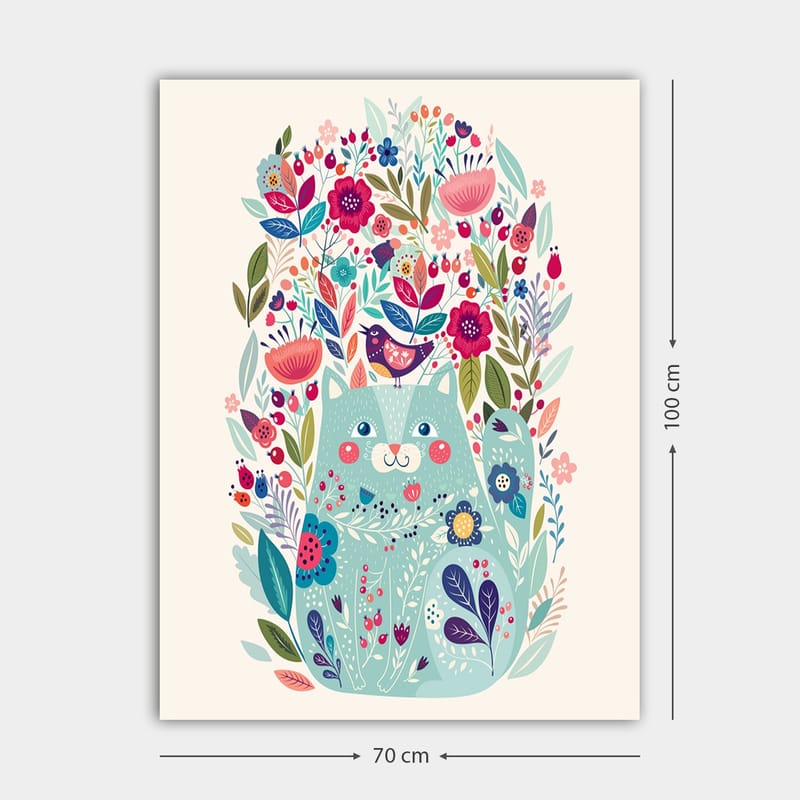 Canvastavla 70x100 cm - Söt katt omgiven av färgglada blommor och växter - Mintgrön / Mörkblå / Rosa - Inredning - Tavlor & konst - Canvastavlor