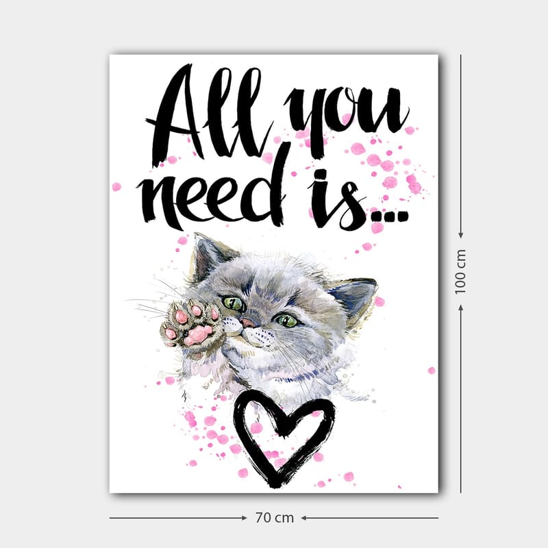 Canvastavla 70x100 cm - Söt katt som sträcker ut sin tass med en hjärtformad kontur i bakgrunden - Grå / Rosa / Grön - Inredning - Tavlor & konst - Canvastavlor