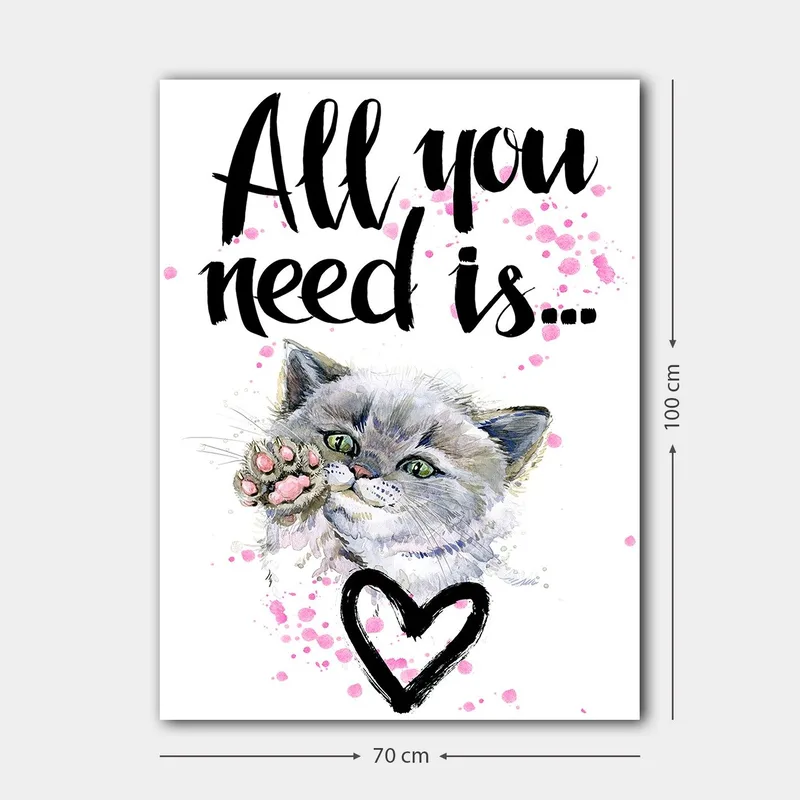 Canvastavla 70x100 cm - Söt katt som sträcker ut sin tass med en hjärtformad kontur i bakgrunden - Grå / Rosa / Grön - Inredning - Tavlor & konst - Canvastavlor