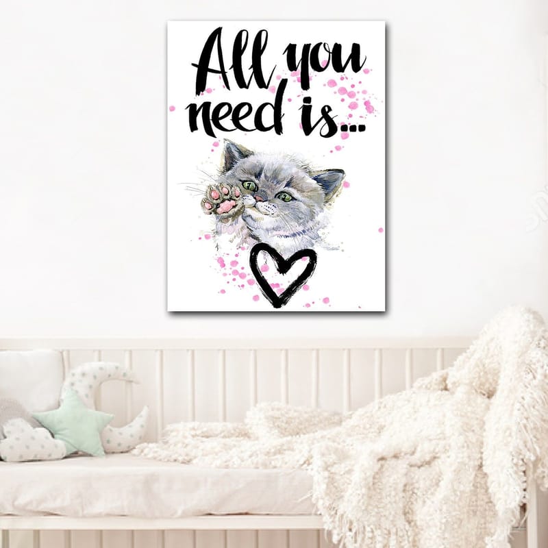 Canvastavla 70x100 cm - Söt katt som sträcker ut sin tass med en hjärtformad kontur i bakgrunden - Grå / Rosa / Grön - Inredning - Tavlor & konst - Canvastavlor