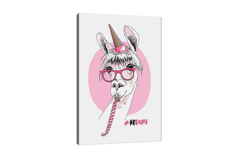 Canvastavla 70x100 cm - Söt lama med unicorn-horn och glasögon som håller i en godiskäpp - Rosa / Vit / Svart - Inredning - Tavlor & konst - Canvastavlor