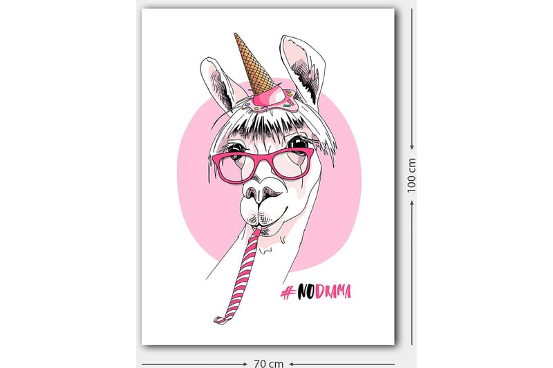 Canvastavla 70x100 cm - Söt lama med unicorn-horn och glasögon som håller i en godiskäpp - Rosa / Vit / Svart - Inredning - Tavlor & konst - Canvastavlor