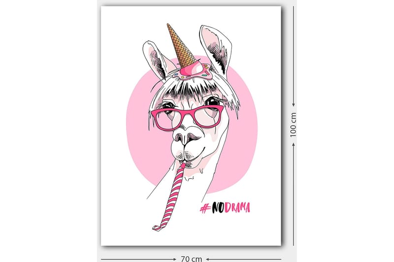 Canvastavla 70x100 cm - Söt lama med unicorn-horn och glasögon som håller i en godiskäpp - Rosa / Vit / Svart - Inredning - Tavlor & konst - Canvastavlor