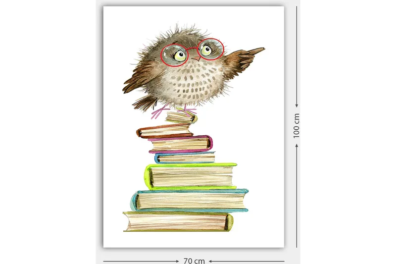 Canvastavla 70x100 cm - Söt uggla med glasögon som pekar, sittande på en hög av färgglada böcker - Brun / Grön / Blå - Inredning - Tavlor & konst - Canvastavlor