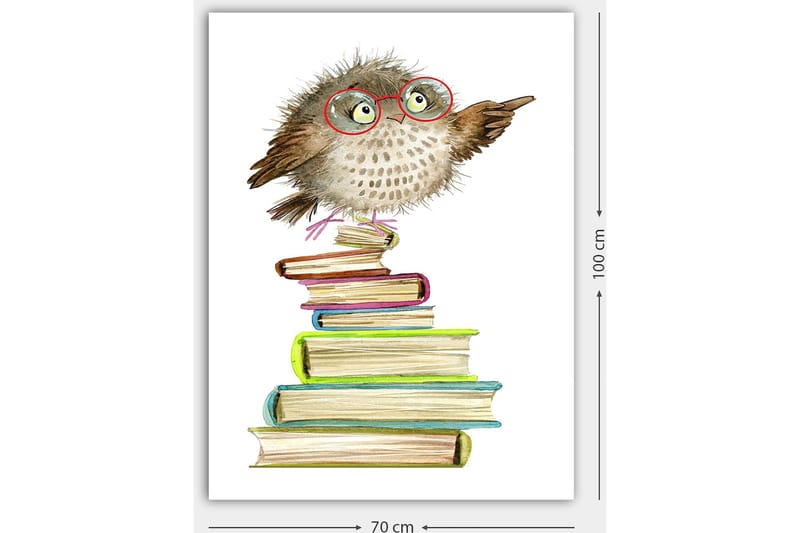 Canvastavla 70x100 cm - Söt uggla med glasögon som pekar, sittande på en hög av färgglada böcker - Brun / Grön / Blå - Inredning - Tavlor & konst - Canvastavlor