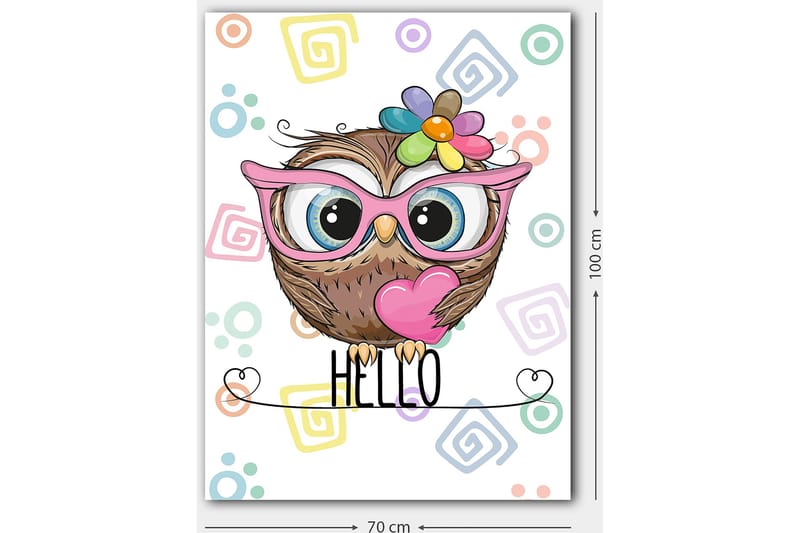 Canvastavla 70x100 cm - Söt uggla med stora ögon och färgglad blomma på huvudet - Brun / Rosa / Blå - Inredning - Tavlor & konst - Canvastavlor