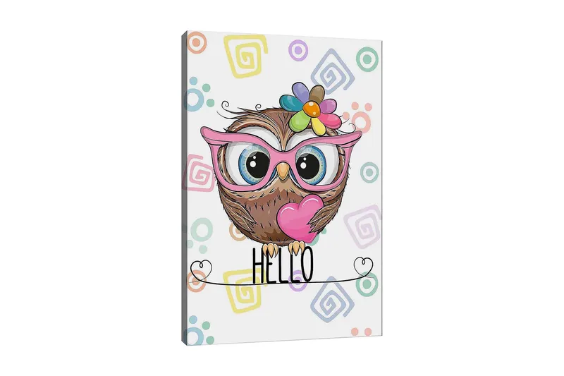 Canvastavla 70x100 cm - Söt uggla med stora ögon och färgglad blomma på huvudet - Brun / Rosa / Blå - Inredning - Tavlor & konst - Canvastavlor