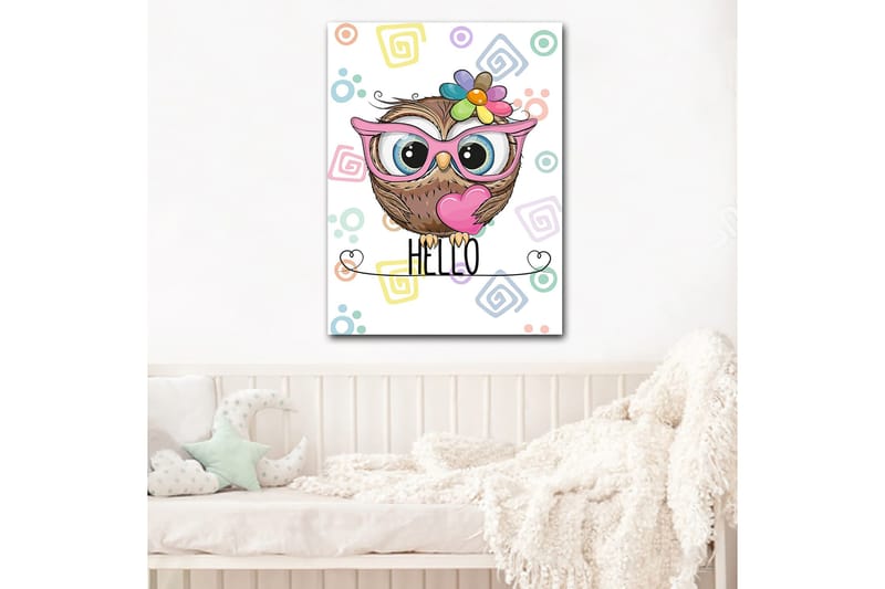 Canvastavla 70x100 cm - Söt uggla med stora ögon och färgglad blomma på huvudet - Brun / Rosa / Blå - Inredning - Tavlor & konst - Canvastavlor