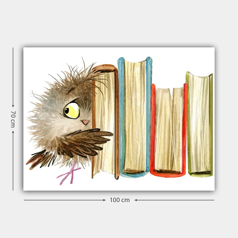 Canvastavla 70x100 cm - Söt uggla som kikar fram bakom böcker - Brun / Gul / Röd - Inredning - Tavlor & konst - Canvastavlor