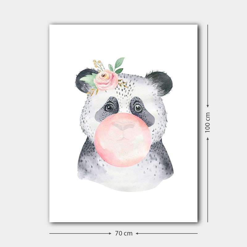 Canvastavla 70x100 cm - Söt panda som blåser bubbelgum med en blomma i örat - Grå / Rosa / Grön - Inredning - Tavlor & konst - Canvastavlor