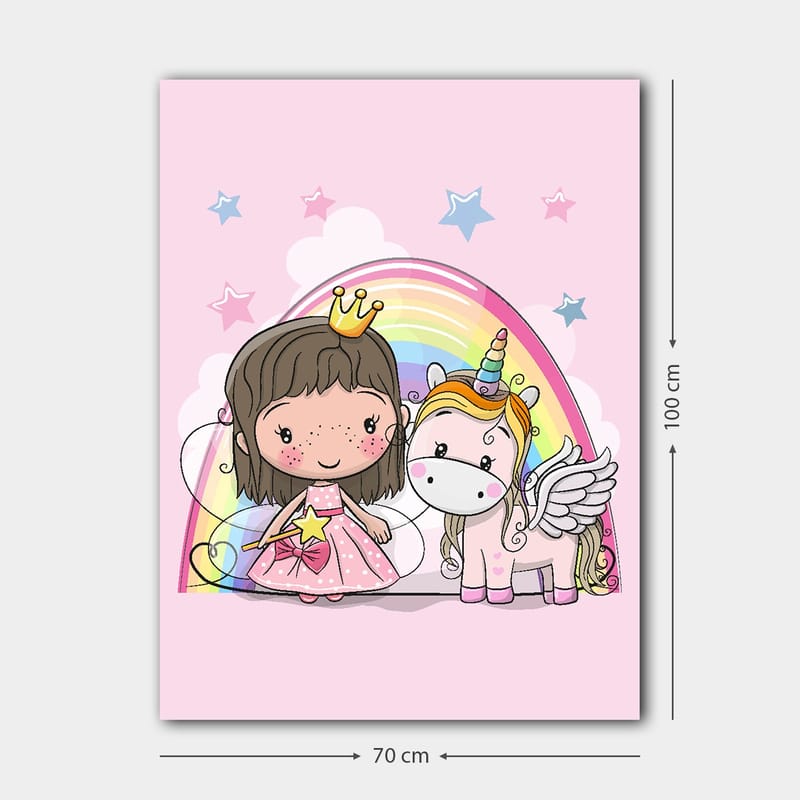 Canvastavla 70x100 cm - Söt prinsessa med en enhörning under en regnbåge - Rosa / Vit / Guld - Inredning - Tavlor & konst - Canvastavlor