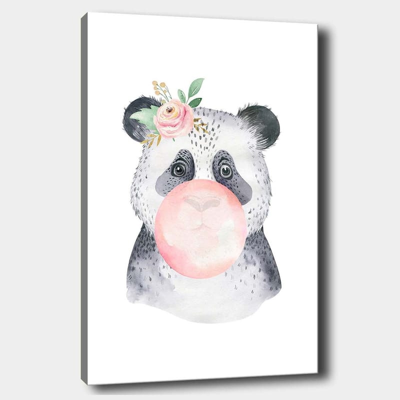 Canvastavla 70x100 cm - Söt panda som blåser bubbelgum med en blomma i  örat, Grå / Rosa / Grön