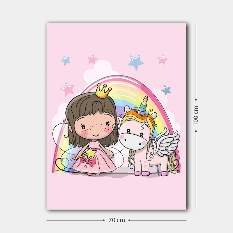 Canvastavla 70x100 cm - Söt prinsessa med en enhörning under en regnbåge - Rosa / Vit / Guld - Inredning - Tavlor & konst - Canvastavlor