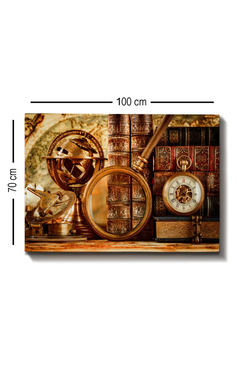 Canvastavla 70x100 cm - Samling av antika navigationsverktyg och böcker som förmedlar en känsla av historia och upptäcktsresande - Guld / Brunt / Mörkröd - Inredning - Tavlor & konst - Canvastavlor