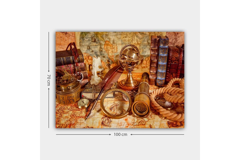 Canvastavla 70x100 cm - Samling av antika navigationsverktyg och böcker som skapar en nostalgisk känsla av upptäcktsresande - Guld / Brun / Beige - Inredning - Tavlor & konst - Canvastavlor