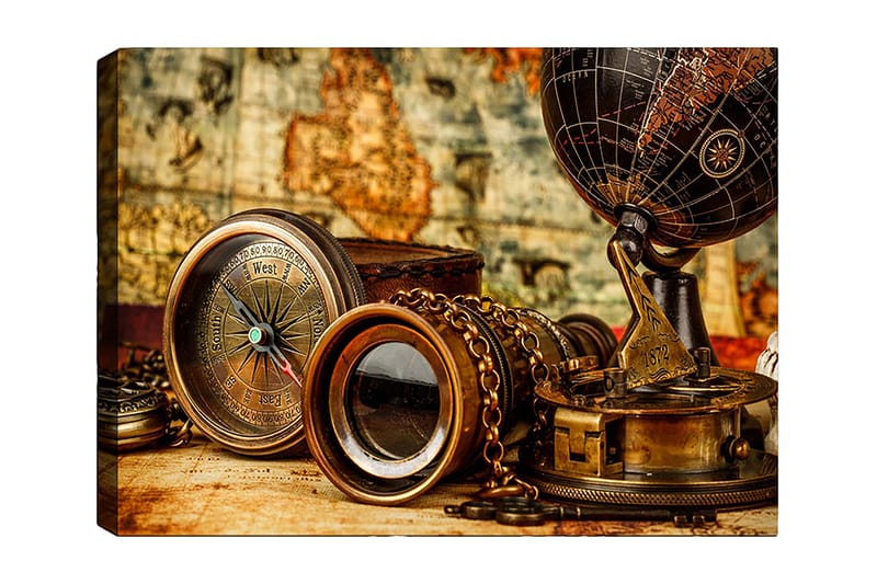 Canvastavla 70x100 cm - Samling av antika navigationsverktyg och en glob som symboliserar utforskning och äventyr - Brons / Svart / Beige - Inredning - Tavlor & konst - Canvastavlor