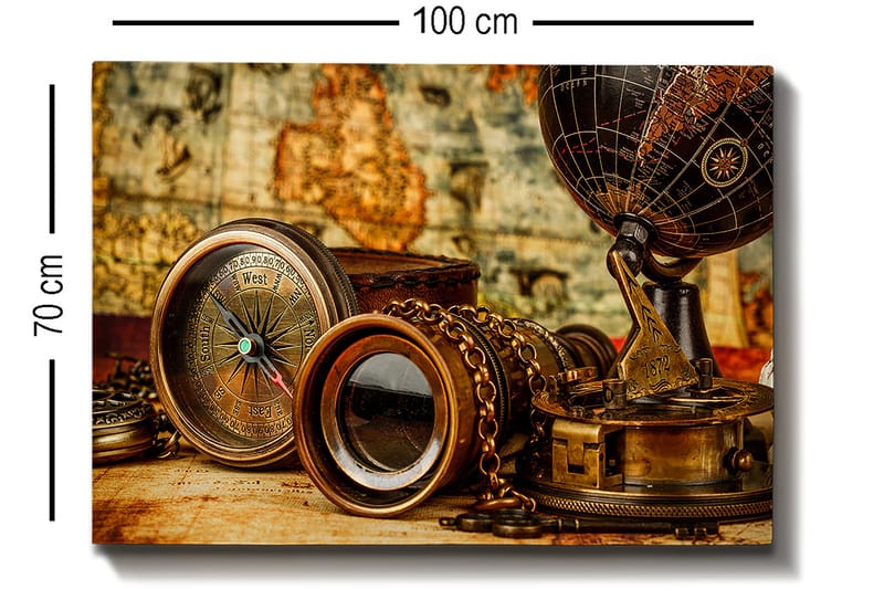Canvastavla 70x100 cm - Samling av antika navigationsverktyg och en glob som symboliserar utforskning och äventyr - Brons / Svart / Beige - Inredning - Tavlor & konst - Canvastavlor