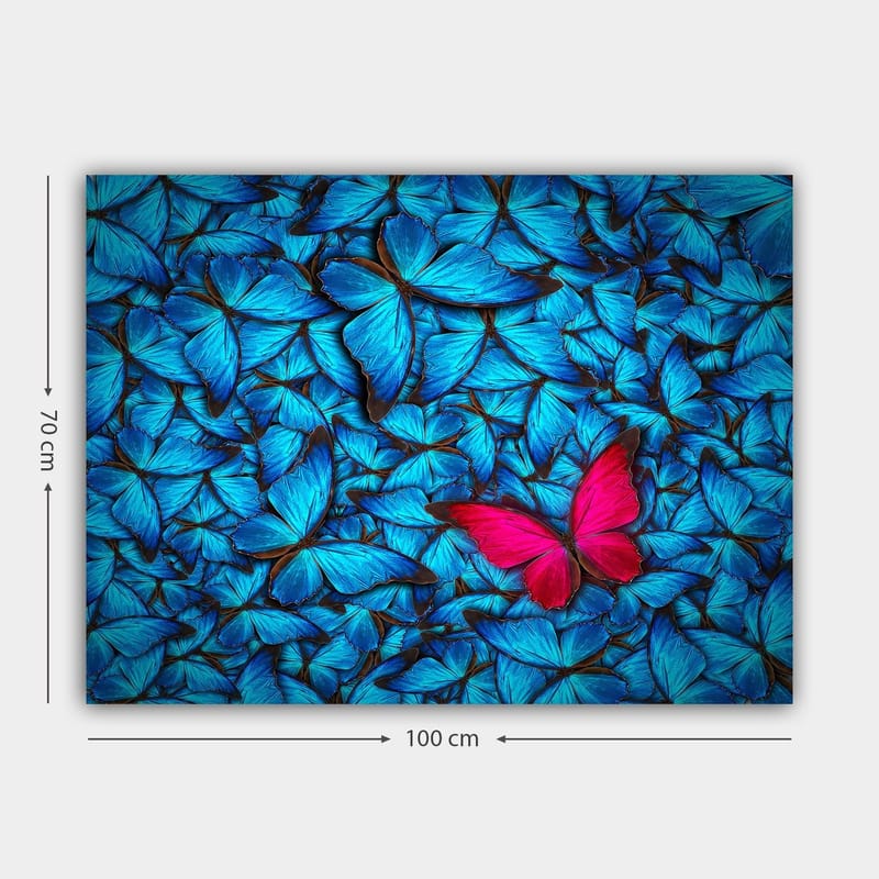 Canvastavla 70x100 cm - Samling av blå fjärilar med en framträdande rosa fjäril i mitten - Blå / Rosa - Inredning - Tavlor & konst - Canvastavlor