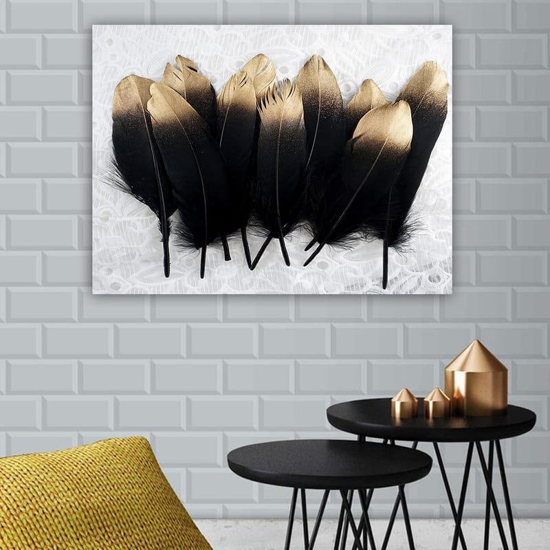 Canvastavla 70x100 cm - Samling av eleganta fjädrar i svart och guld - Svart / Guld - Inredning - Tavlor & konst - Canvastavlor