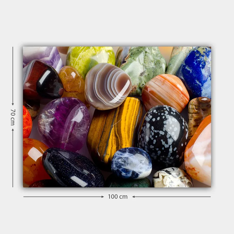 Canvastavla 70x100 cm - Samling av färgglada ädelstenar och mineraler i olika former och nyanser - Lila / Orange / Grön - Inredning - Tavlor & konst - Canvastavlor