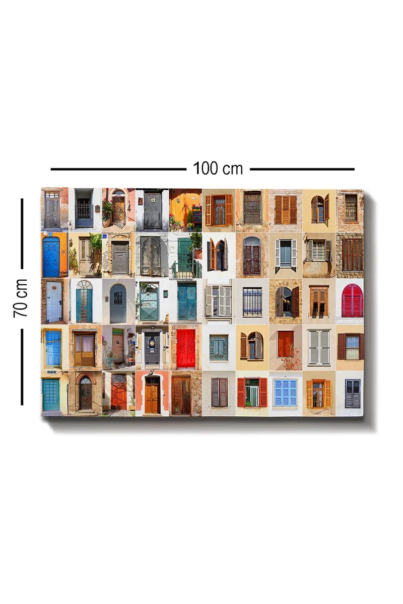 Canvastavla 70x100 cm - Samling av färgglada dörrar och fönster från olika byggnader som skapar en livfull och varierad komposition - Blå / Röd / Brun - Inredning - Tavlor & konst - Canvastavlor