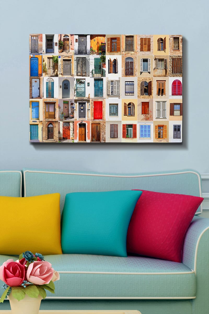 Canvastavla 70x100 cm - Samling av färgglada dörrar och fönster från olika byggnader som skapar en livfull och varierad komposition - Blå / Röd / Brun - Inredning - Tavlor & konst - Canvastavlor