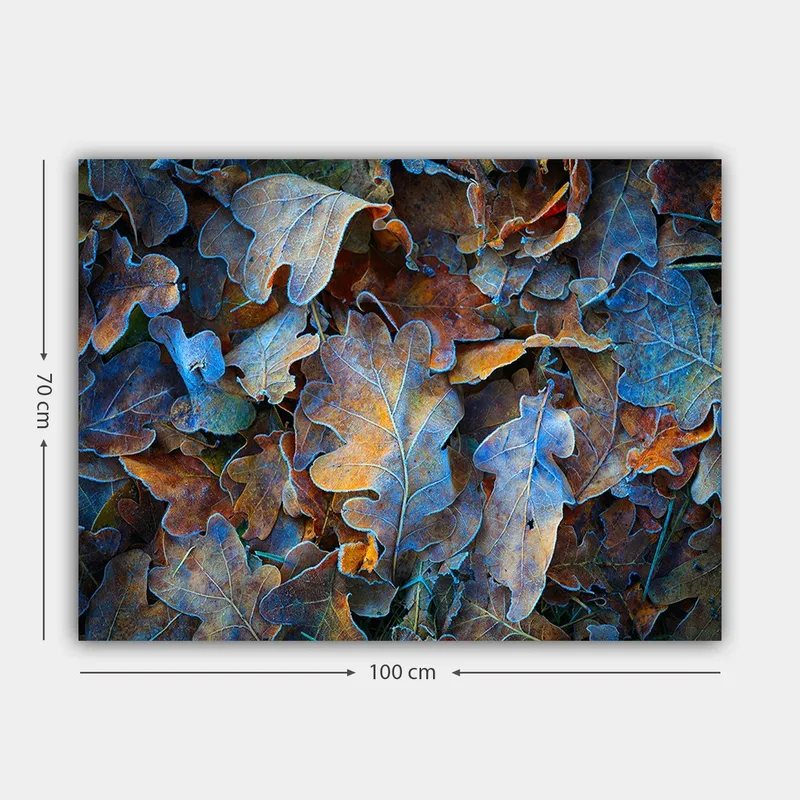 Canvastavla 70x100 cm - Samling av färgglada ekblad i olika nyanser som skapar en harmonisk och naturlig komposition - Blå / Orange / Brun - Inredning - Tavlor & konst - Canvastavlor