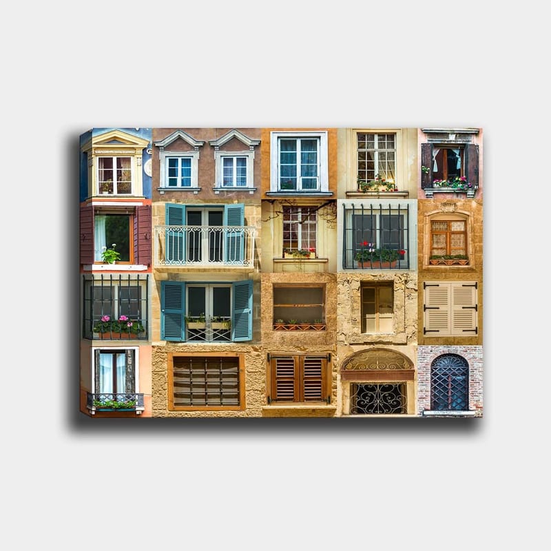 Canvastavla 70x100 cm - Samling av färgglada fönster och balkonger som visar olika arkitektoniska stilar - Guld / Blå / Terrakotta - Inredning - Tavlor & konst - Canvastavlor