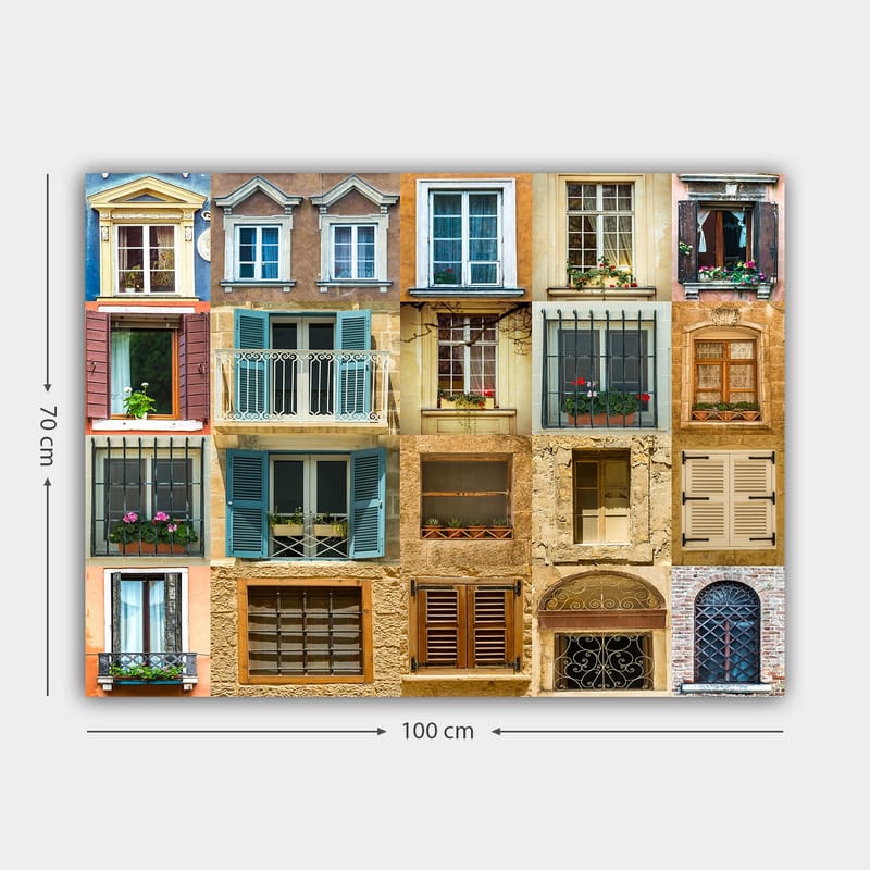 Canvastavla 70x100 cm - Samling av färgglada fönster och balkonger som visar olika arkitektoniska stilar - Guld / Blå / Terrakotta - Inredning - Tavlor & konst - Canvastavlor