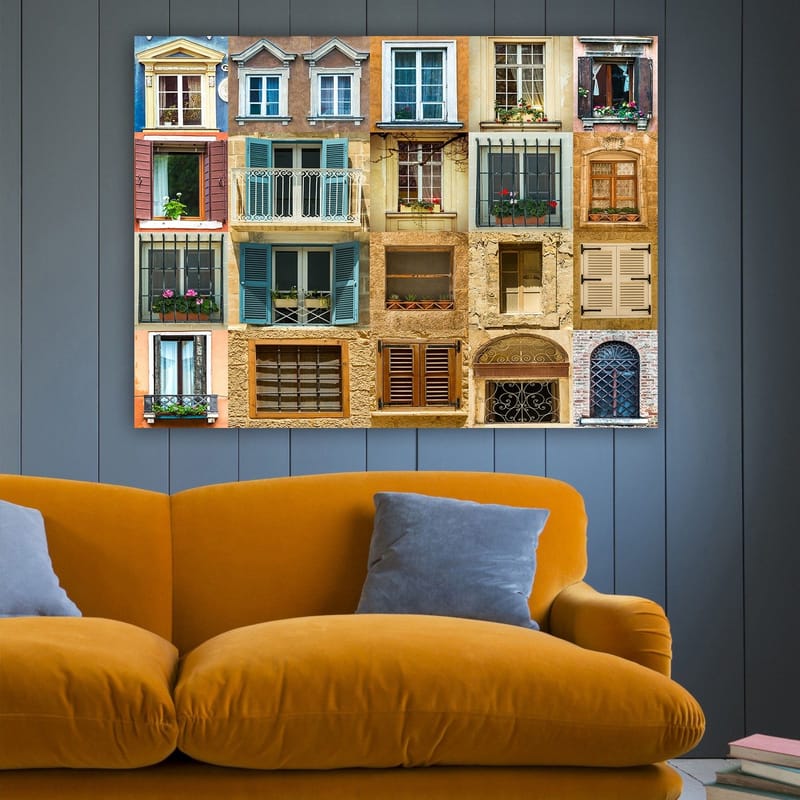 Canvastavla 70x100 cm - Samling av färgglada fönster och balkonger som visar olika arkitektoniska stilar, Guld / Blå / Terrakotta