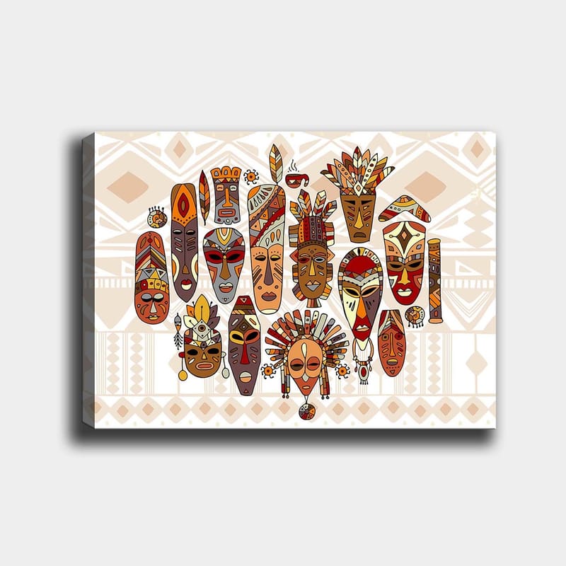 Canvastavla 70x100 cm - Samling av färgglada masker med olika ansiktsuttryck och detaljerade dekorationer - Röd / Brun / Beige - Inredning - Tavlor & konst - Canvastavlor