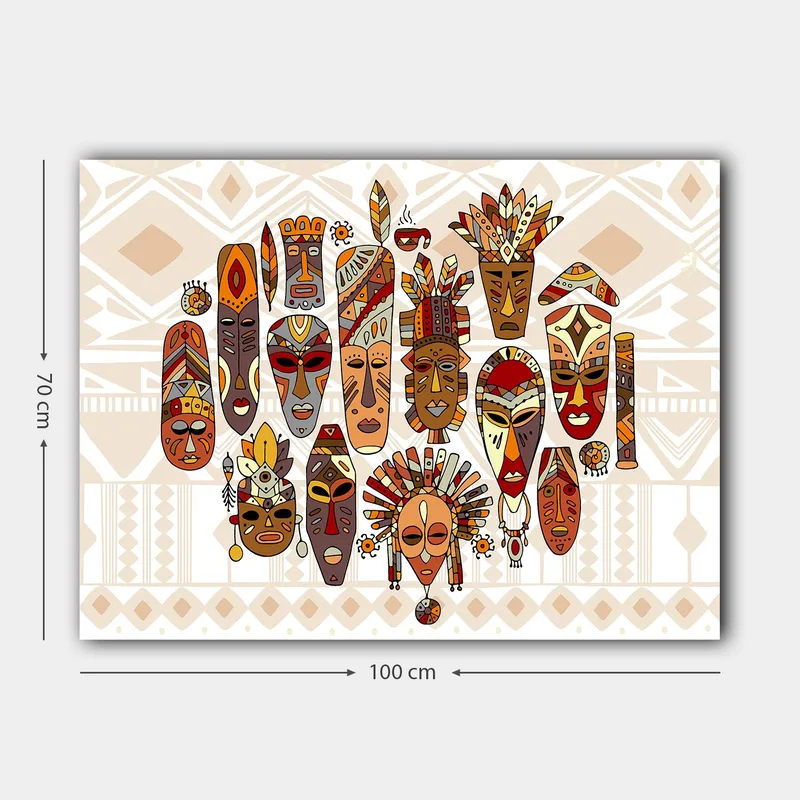 Canvastavla 70x100 cm - Samling av färgglada masker med olika ansiktsuttryck och detaljerade dekorationer - Röd / Brun / Beige - Inredning - Tavlor & konst - Canvastavlor