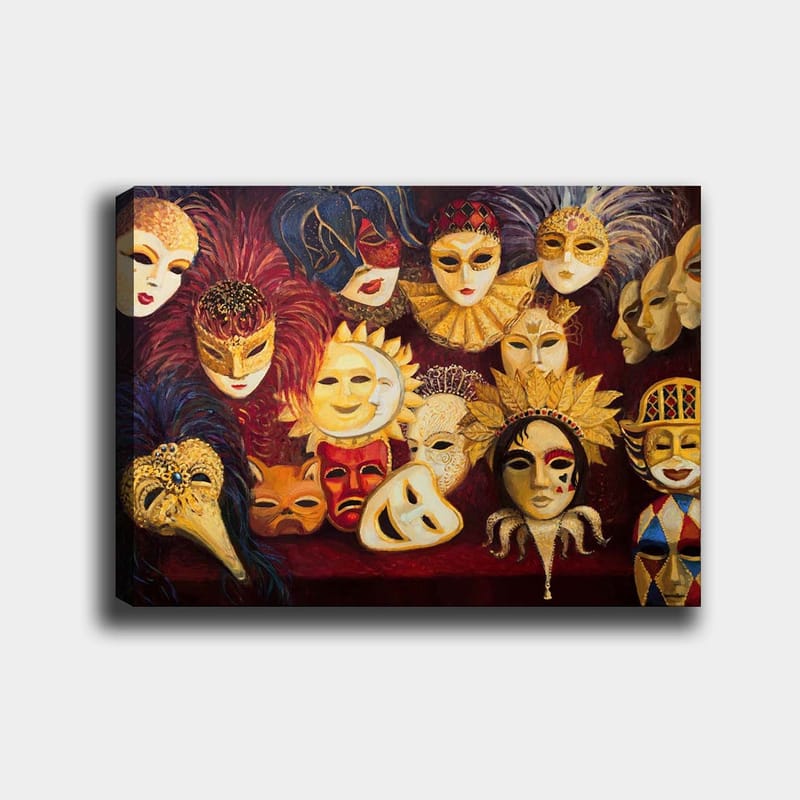 Canvastavla 70x100 cm - Samling av färgglada masker med olika uttryck och detaljer, Guld / Röd / Svart