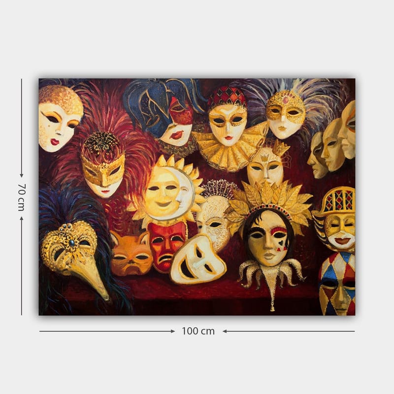 Canvastavla 70x100 cm - Samling av färgglada masker med olika uttryck och detaljer - Guld / Röd / Svart - Inredning - Tavlor & konst - Canvastavlor