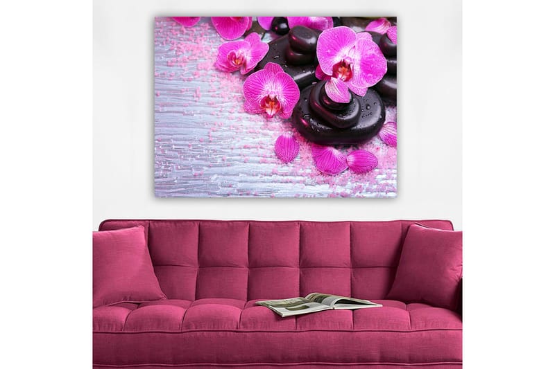 Canvastavla 70x100 cm - Samling av lila orkidéer och svarta stenar på en ljus bakgrund - Lila / Svart - Inredning - Tavlor & konst - Canvastavlor