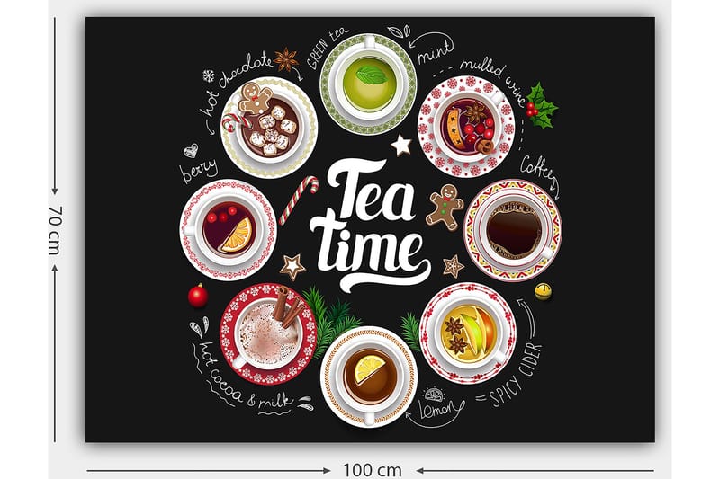 Canvastavla 70x100 cm - Samling av olika te- och kaffedrycker presenterade i skålar med dekorationer - Röd / Vit / Grön - Inredning - Tavlor & konst - Canvastavlor
