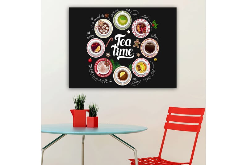 Canvastavla 70x100 cm - Samling av olika te- och kaffedrycker presenterade i skålar med dekorationer - Röd / Vit / Grön - Inredning - Tavlor & konst - Canvastavlor