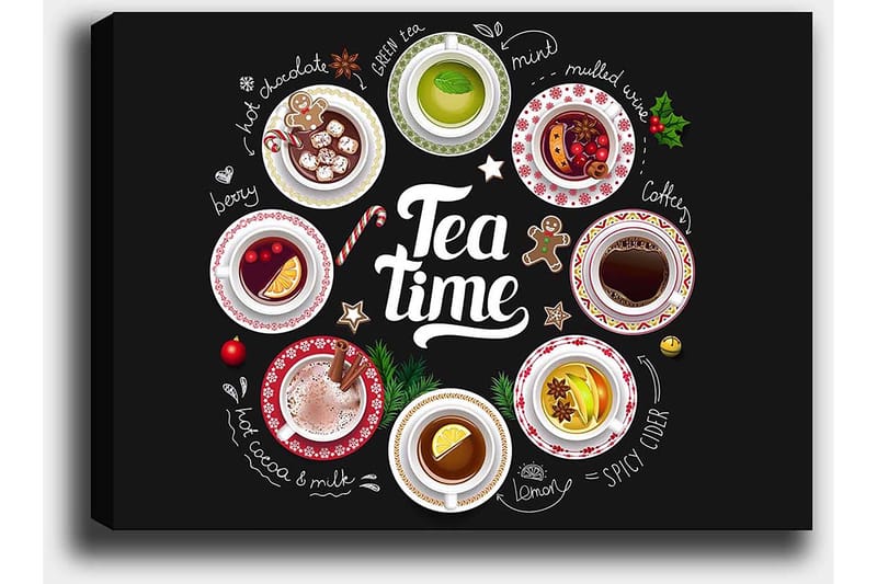 Canvastavla 70x100 cm - Samling av olika te- och kaffedrycker presenterade i skålar med dekorationer - Röd / Vit / Grön - Inredning - Tavlor & konst - Canvastavlor