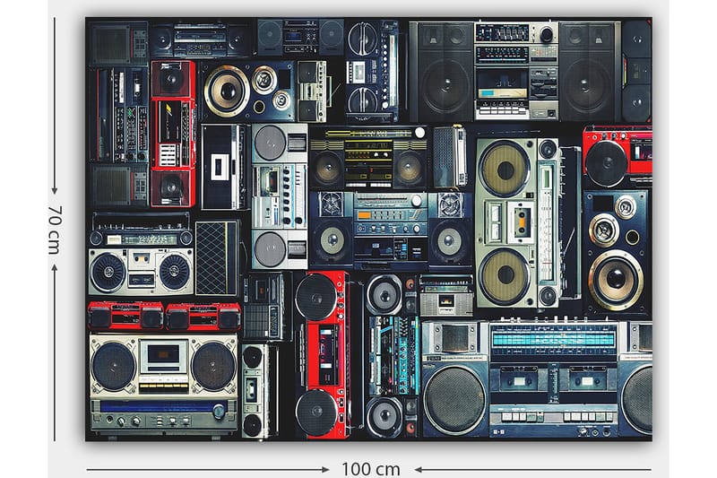 Canvastavla 70x100 cm - Samling av retro ljudsystem och kassettspelare i olika storlekar och former - Röd / Svart / Grå - Inredning - Tavlor & konst - Canvastavlor