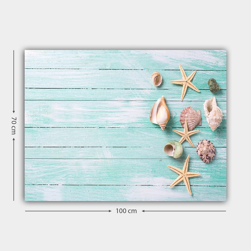 Canvastavla 70x100 cm - Samling av snäckor och sjöstjärnor på en ljusblå träyta - Ljusblå / Beige / Grön - Inredning - Tavlor & konst - Canvastavlor