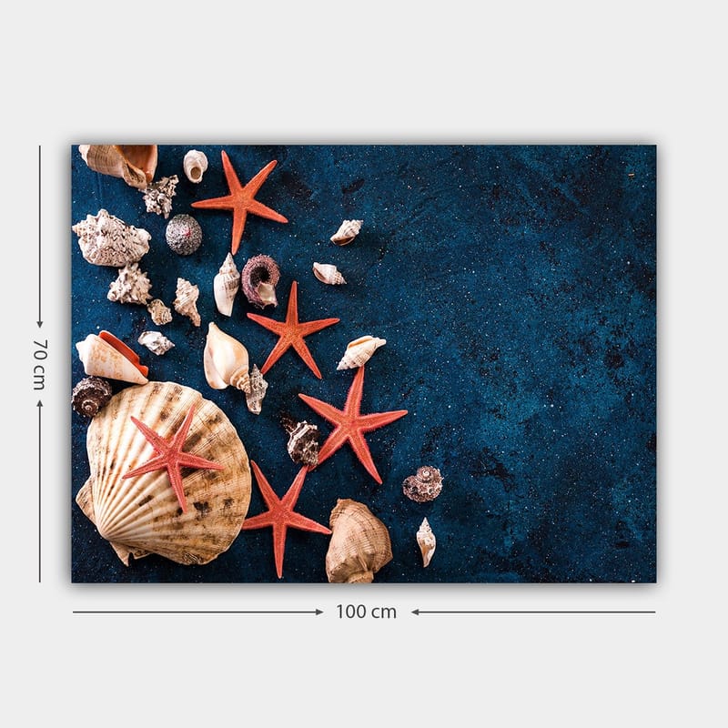 Canvastavla 70x100 cm - Samling av snäckor och sjöstjärnor på en djupblå yta - Djupblå / Röd / Beige - Inredning - Tavlor & konst - Canvastavlor