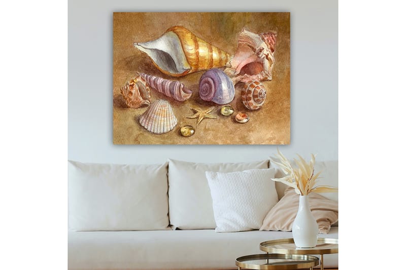 Canvastavla 70x100 cm - Samling av snäckor och stenar i mjuka, naturliga färger - Beige / Lila / Orange - Inredning - Tavlor & konst - Canvastavlor