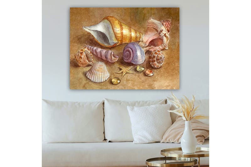 Canvastavla 70x100 cm - Samling av snäckor och stenar i mjuka, naturliga färger - Beige / Lila / Orange - Inredning - Tavlor & konst - Canvastavlor