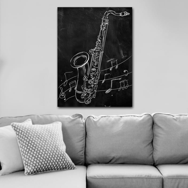 Canvastavla 70x100 cm - Saxofon omgiven av musiknoter på en svart bakgrund - Vit / Svart - Inredning - Tavlor & konst - Canvastavlor