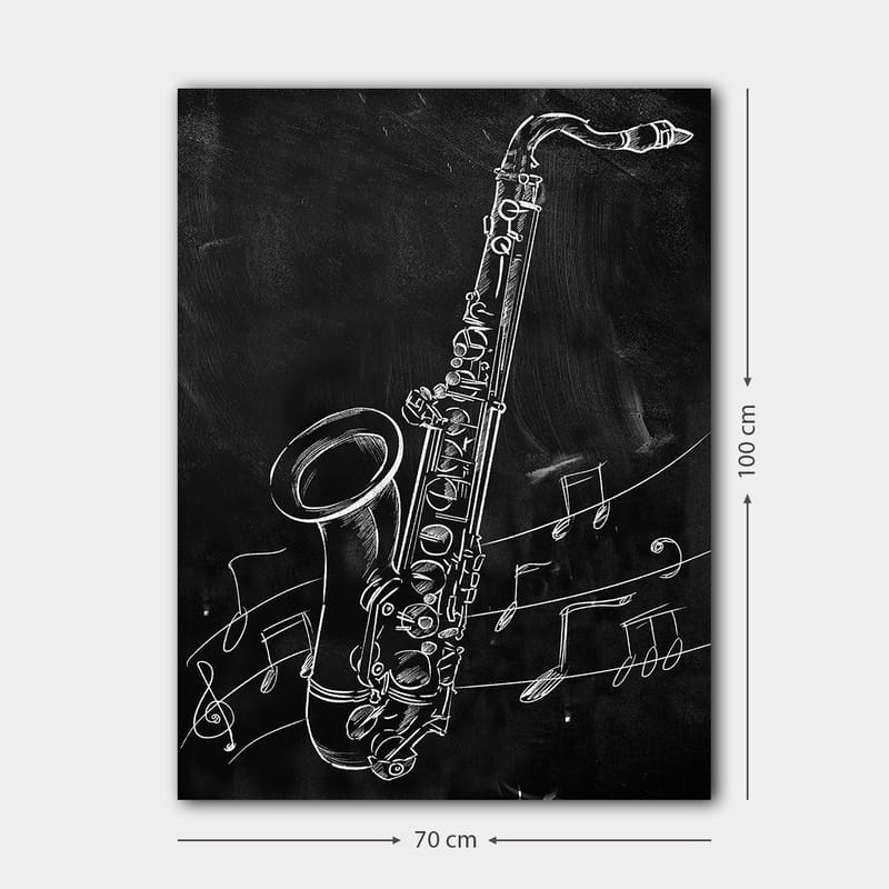 Canvastavla 70x100 cm - Saxofon omgiven av musiknoter på en svart bakgrund - Vit / Svart - Inredning - Tavlor & konst - Canvastavlor