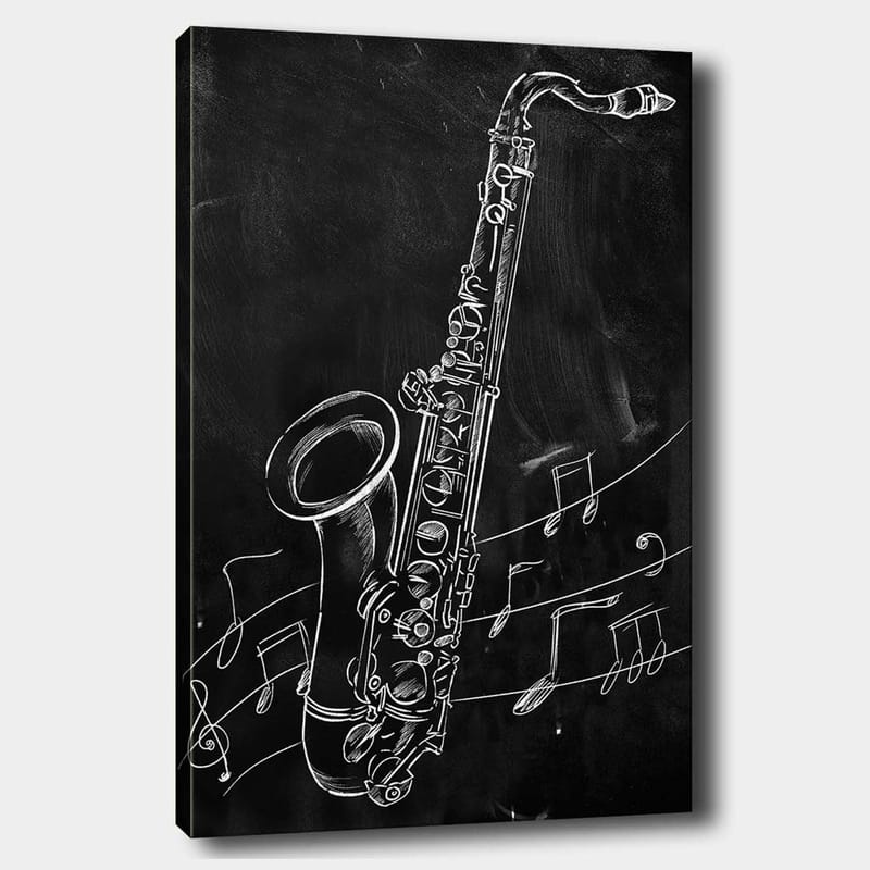 Canvastavla 70x100 cm - Saxofon omgiven av musiknoter på en svart bakgrund, Vit / Svart