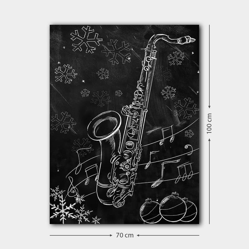 Canvastavla 70x100 cm - Saxofon omgiven av snöflingor och musiknoter i en vinterlig atmosfär - Vit / Svart / Grå - Inredning - Tavlor & konst - Canvastavlor