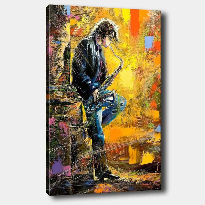 Canvastavla 70x100 cm - Saxofonist som spelar med passion i en färgsprakande miljö - Gult / Blått / Svart - Inredning - Tavlor & konst - Canvastavlor