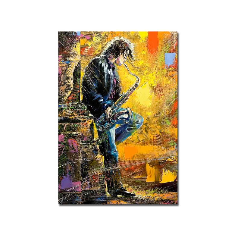 Canvastavla 70x100 cm - Saxofonist som spelar med passion i en färgsprakande miljö - Gult / Blått / Svart - Inredning - Tavlor & konst - Canvastavlor