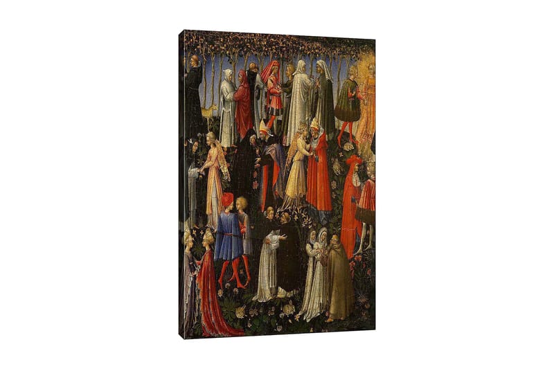 Canvastavla 70x100 cm - Scen med flera personer i medeltida kläder som interagerar i en trädgårdsmiljö - Röd / Vit / Svart - Inredning - Tavlor & konst - Canvastavlor